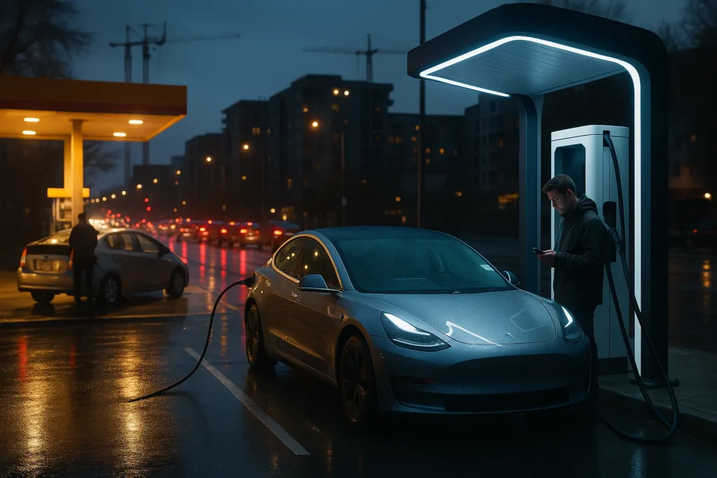 Tesla vs Toyota 2026: EV charger vs gas pump in one urban frame