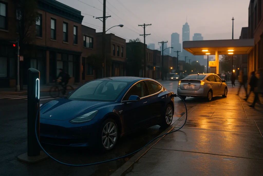 Tesla vs Toyota 2026 scene with an EV charging and a hybrid refueling at dawn
